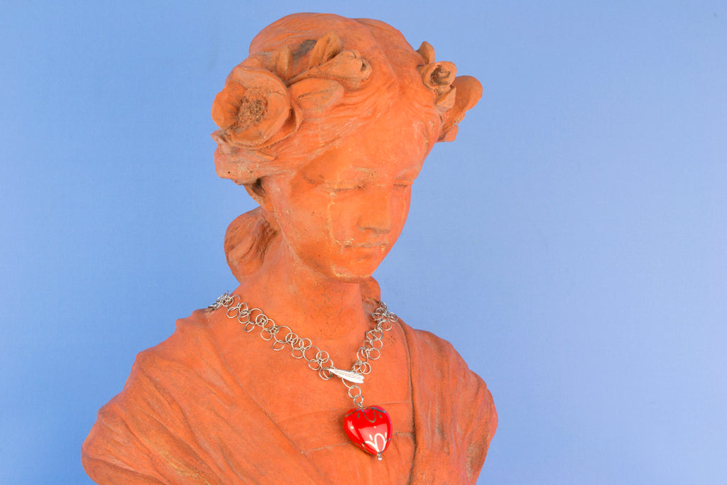 Red Heart Enamel Necklace in Sterling Silver