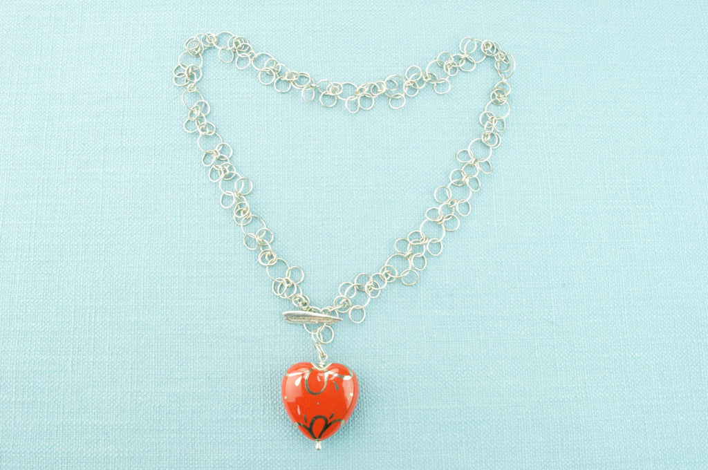 Red Heart Enamel Necklace in Sterling Silver