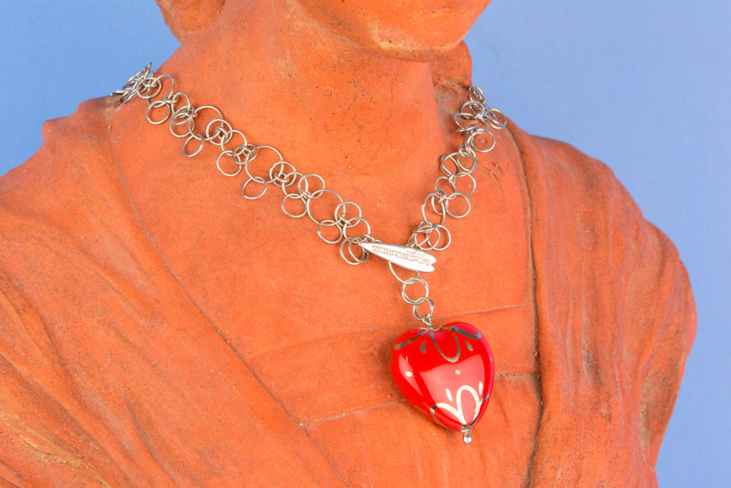 Red Heart Enamel Necklace in Sterling Silver