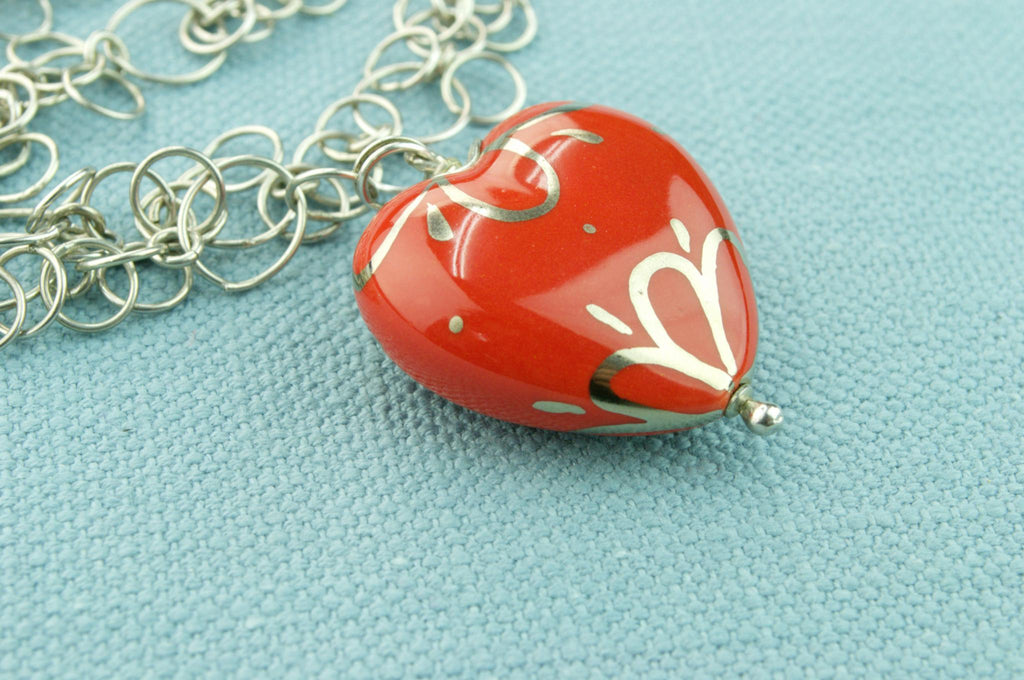 Red Heart Enamel Necklace in Sterling Silver