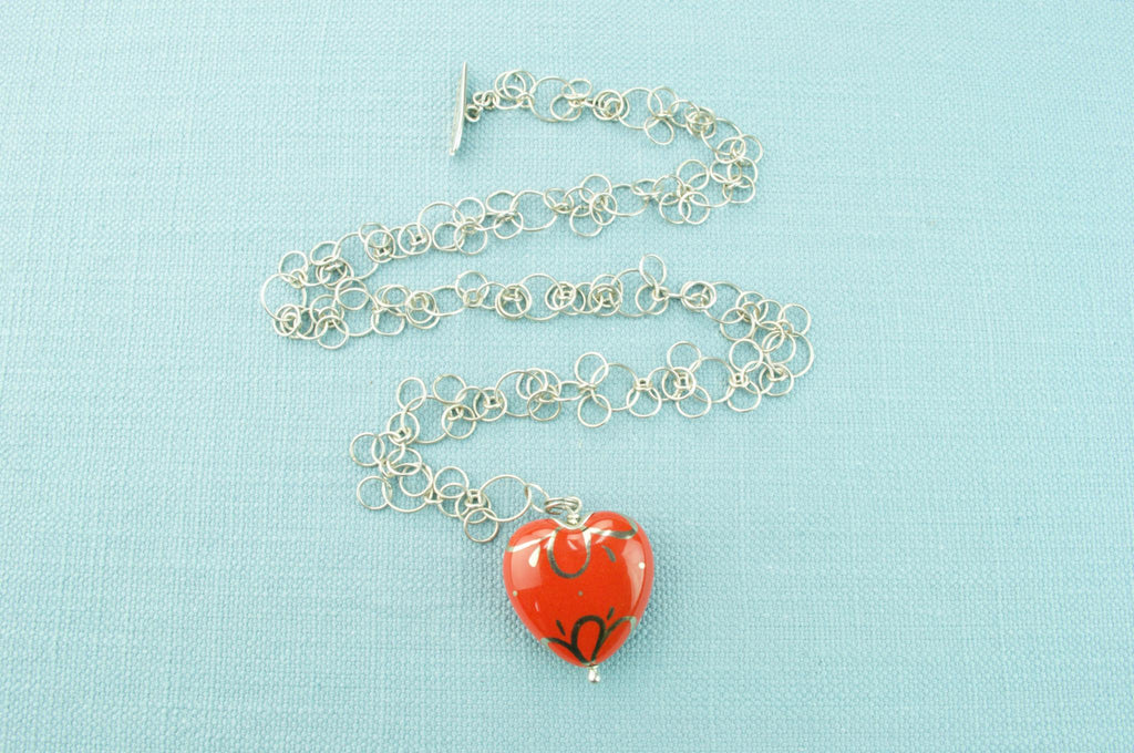 Red Heart Enamel Necklace in Sterling Silver