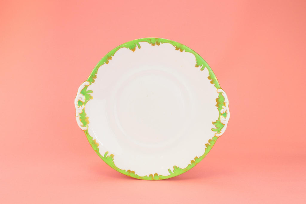 Bone China Cake Plate in Green and Gold, English 1830s