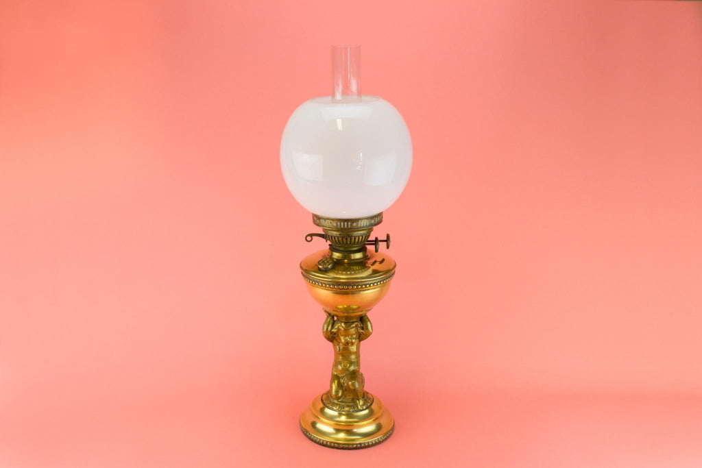 White Shade Brass Oil Lamp, English 19th Century