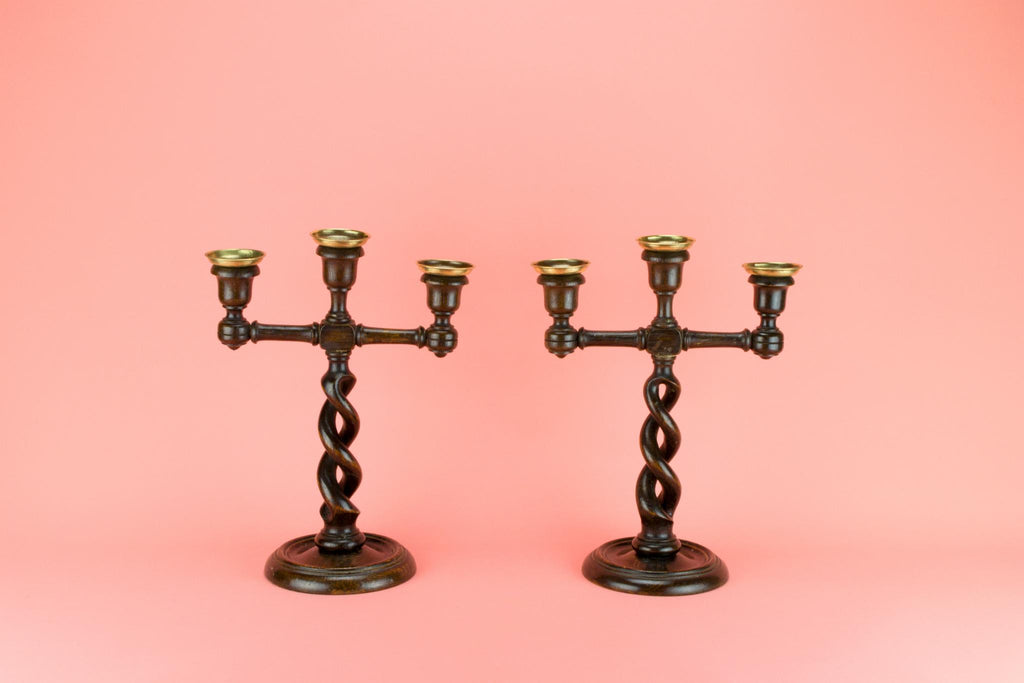 2 Barley Twist Oak Candelabras, English 1880s