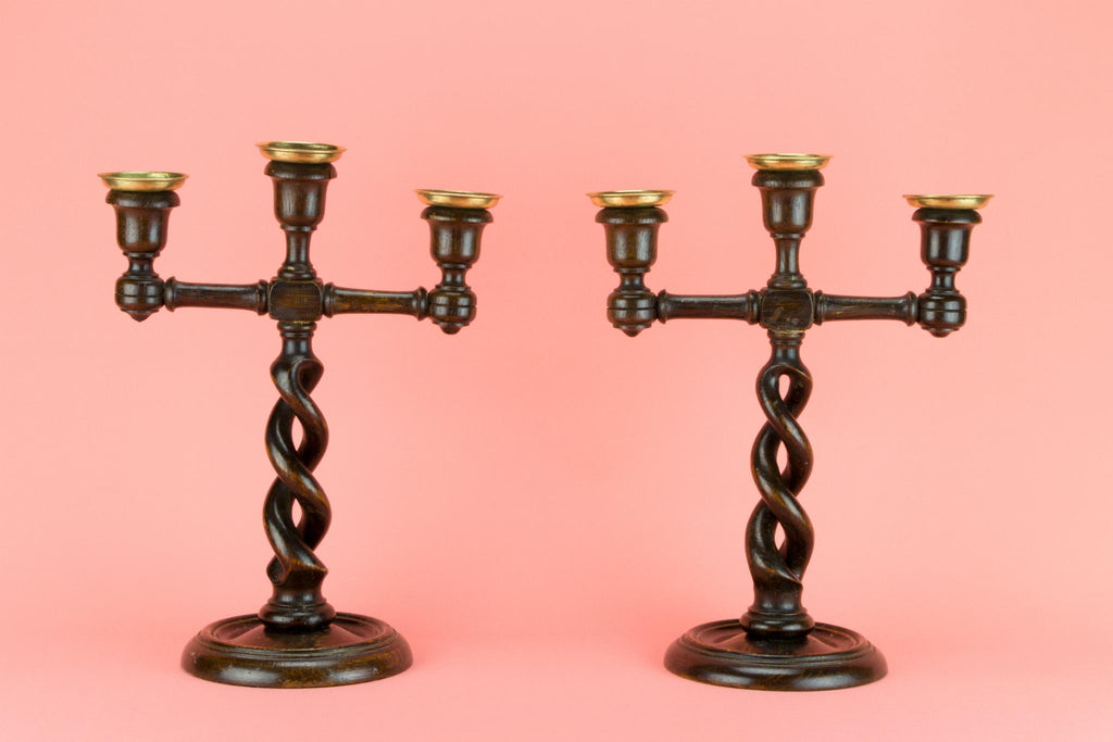 2 Barley Twist Oak Candelabras, English 1880s