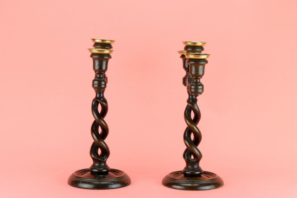 2 Barley Twist Oak Candelabras, English 1880s