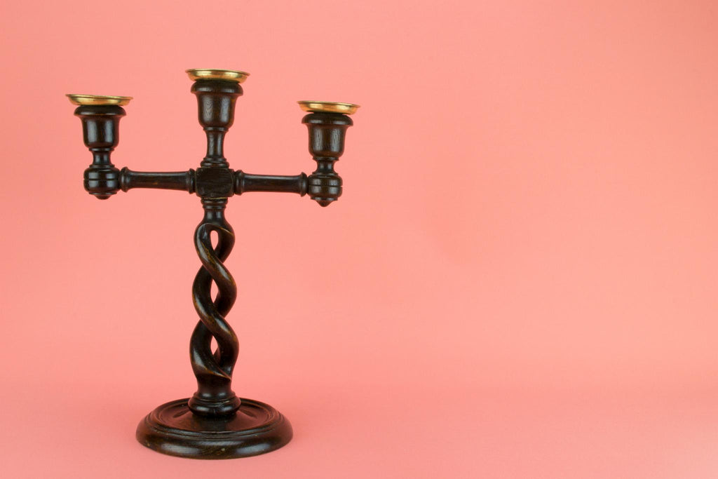 2 Barley Twist Oak Candelabras, English 1880s