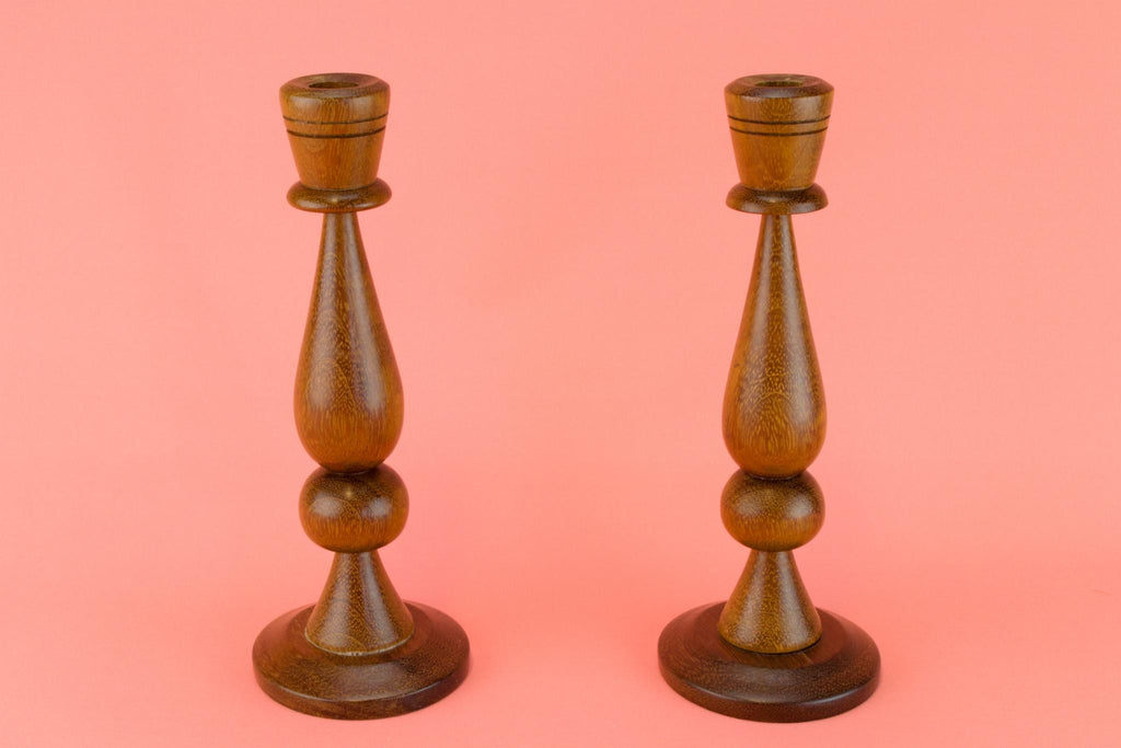 Polished Oak Candlesticks, English 1950s