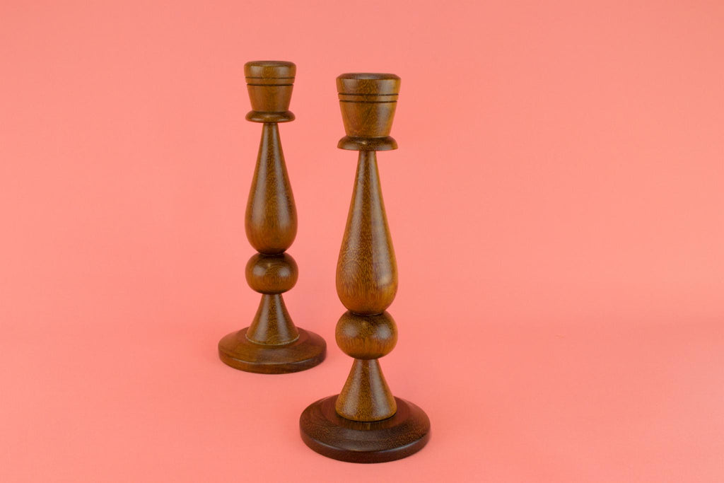 Polished Oak Candlesticks, English 1950s