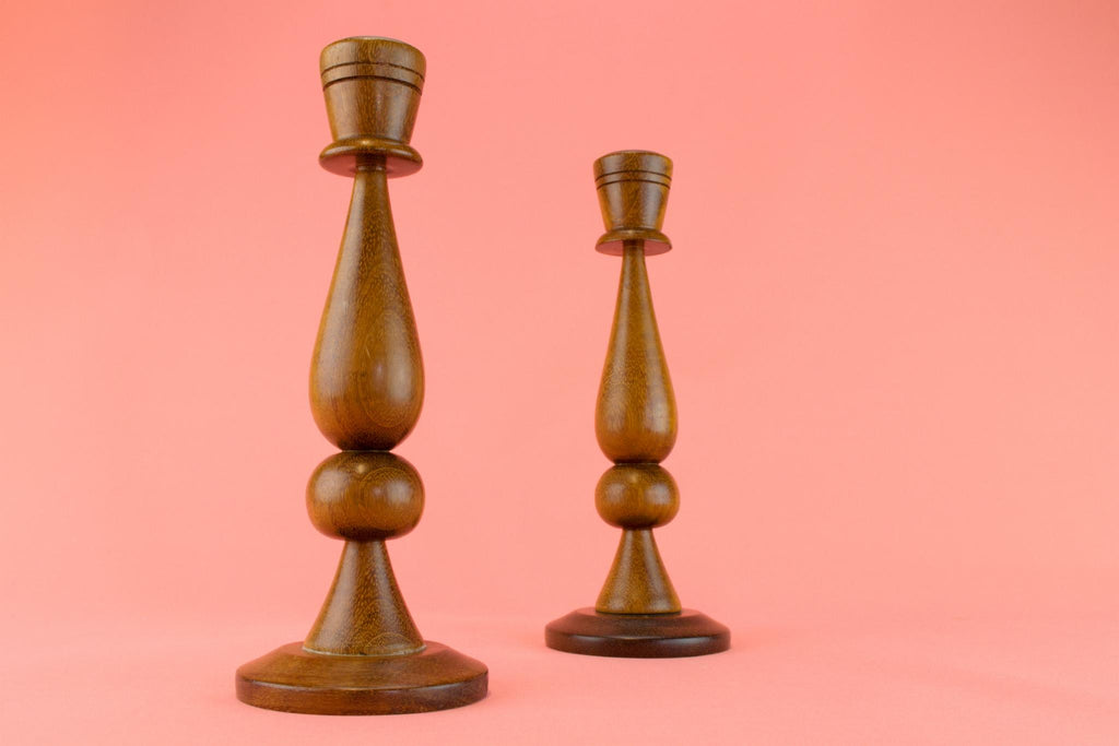 Polished Oak Candlesticks, English 1950s