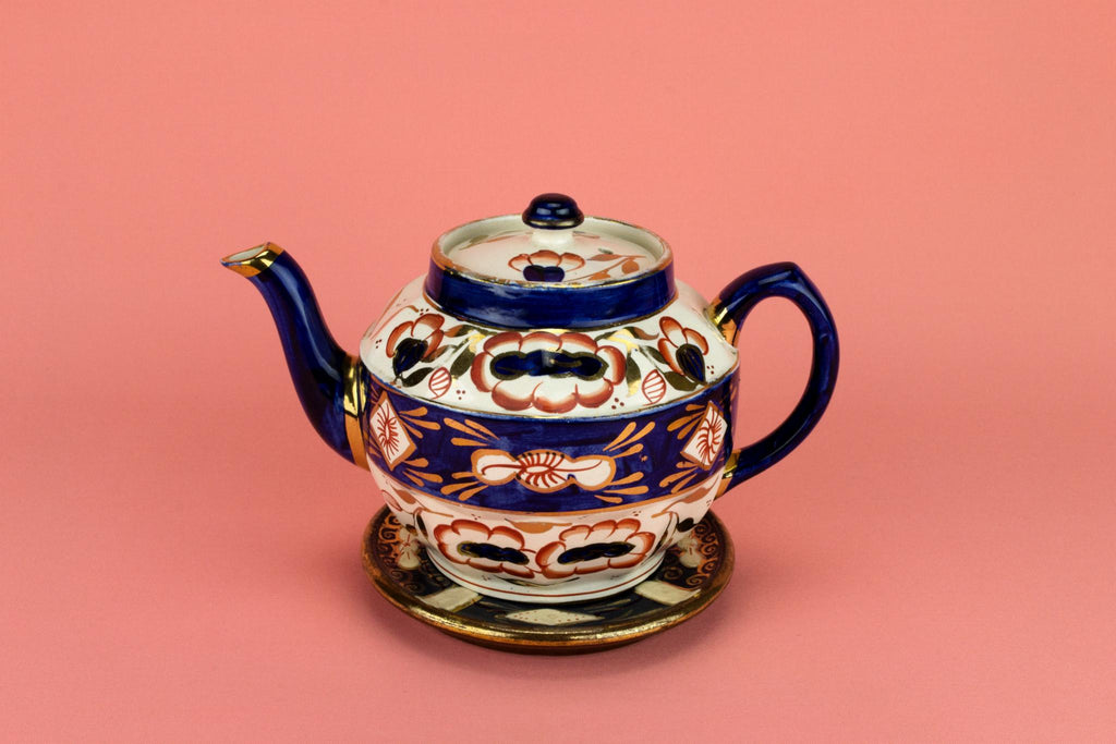 Gaudy Welsh Blue Teapot on Stand, English Circa 1950
