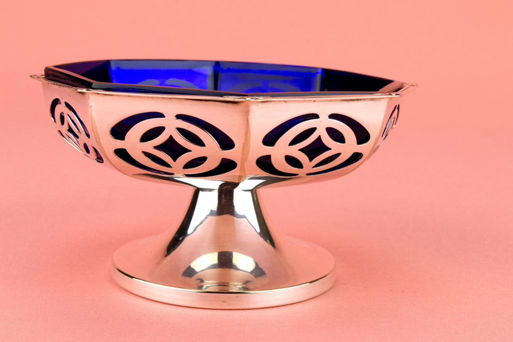 Serving Stem Bowl with Blue Glass Liner, English 1930s