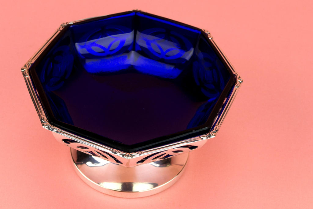 Serving Stem Bowl with Blue Glass Liner, English 1930s