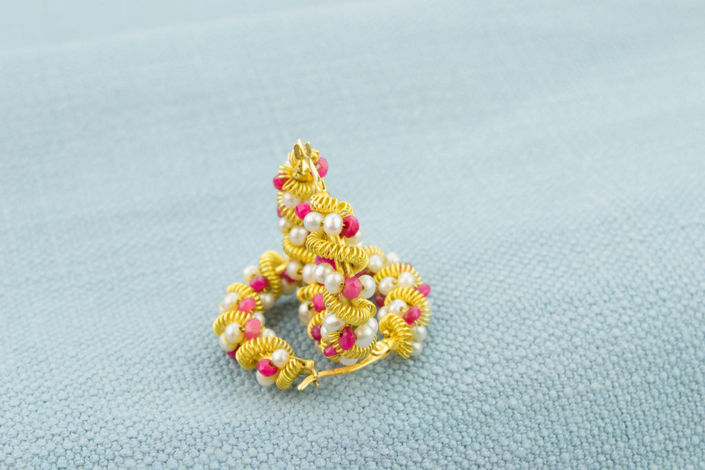 Ruby and Pearl Earrings in 18ct Gold