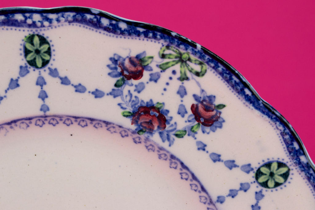 6 Flow Blue Dinner Plates, English 1910s