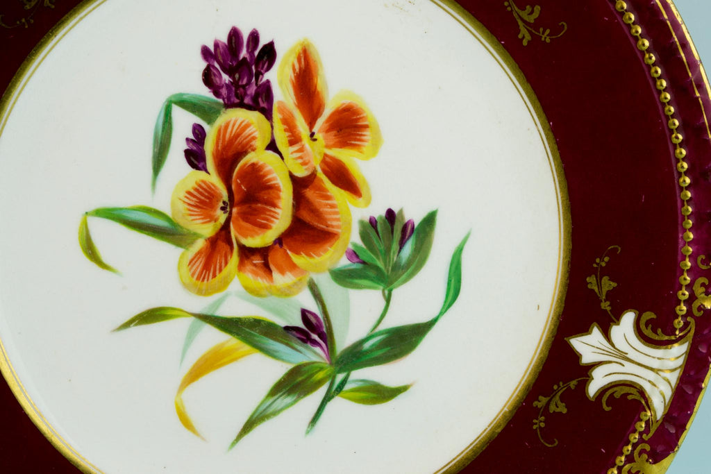 5 Dessert Plates Painted Flowers, English 19th Century