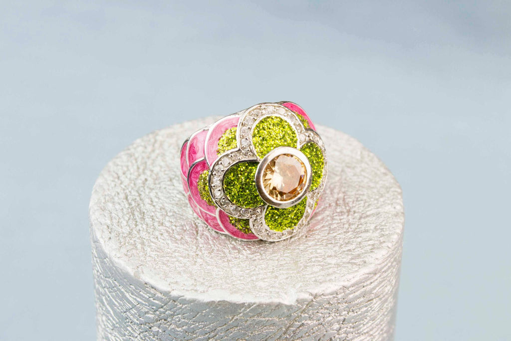 Citrine and Pink Enamel Ring in Sterling Silver
