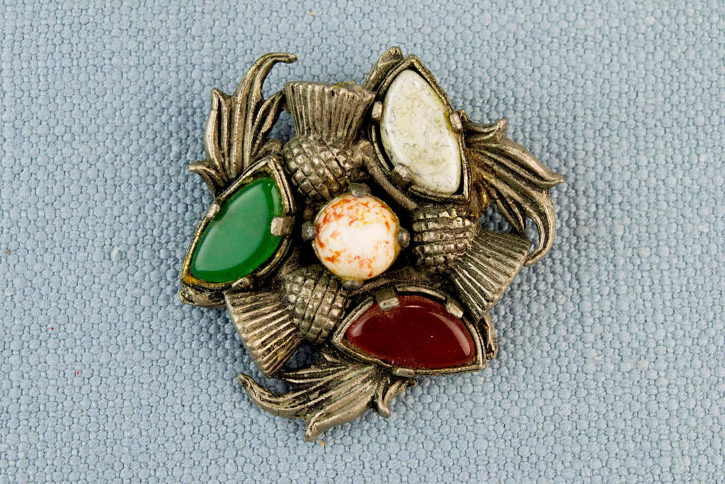 Scottish Brooch with Thistles and Colourful Paste