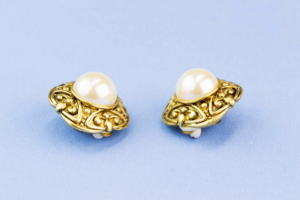 Bold Design Clip Earrings Gold and Pearl