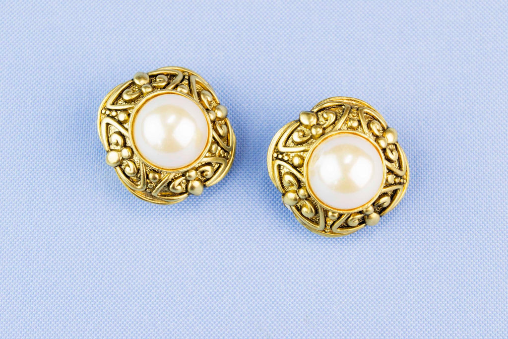 Bold Design Clip Earrings Gold and Pearl