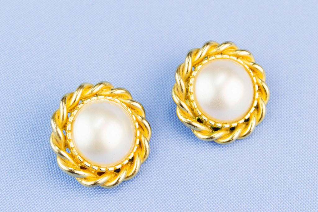 Clip Earrings Gold and Pearl Colour, English 1980s