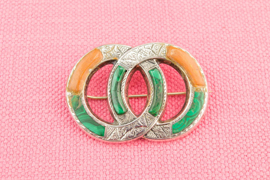 Silver Agate and Malachite Brooch, Scottish 19th Century