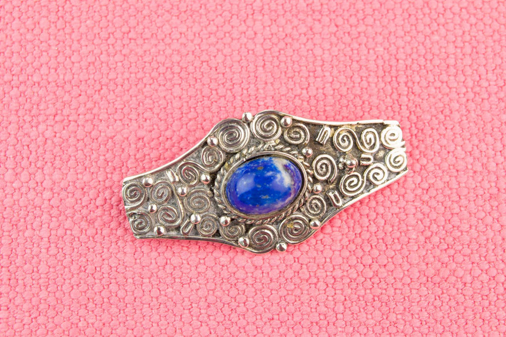 Silver and Lapis Lazuli Silver Brooch, English Circa 1900