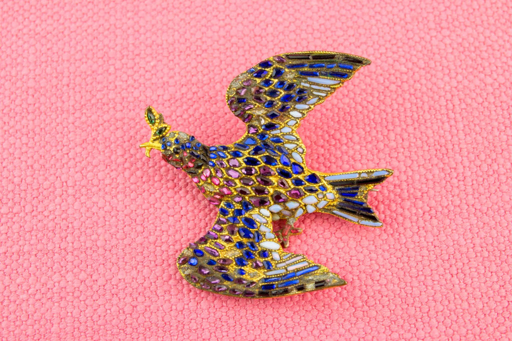 Georgian Bird Brooch in Vauxhall Glass, English 1770s