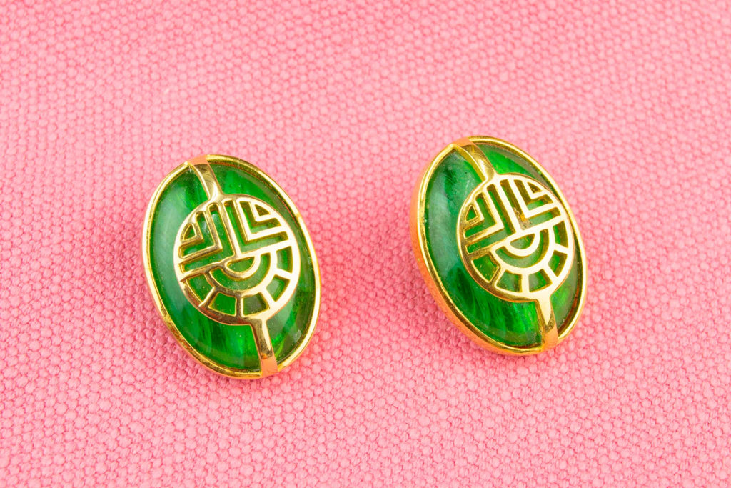 Green and Gold Clip Earrings