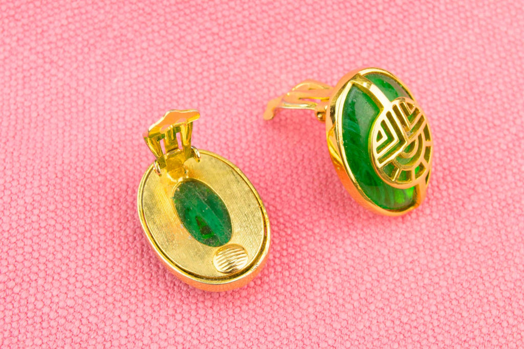 Green and Gold Clip Earrings