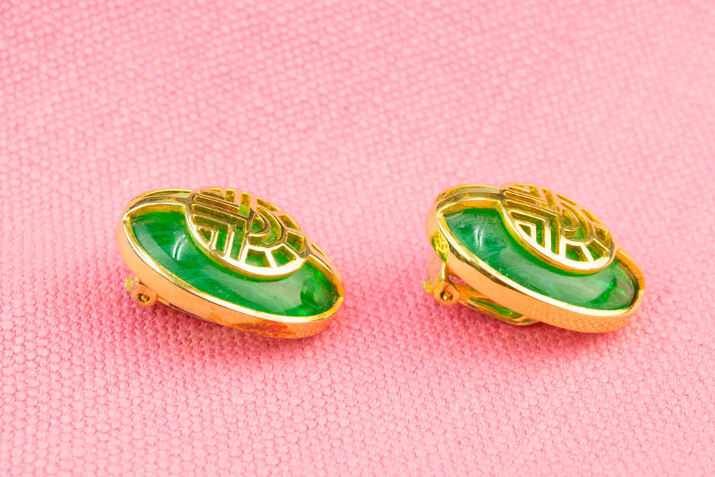 Green and Gold Clip Earrings