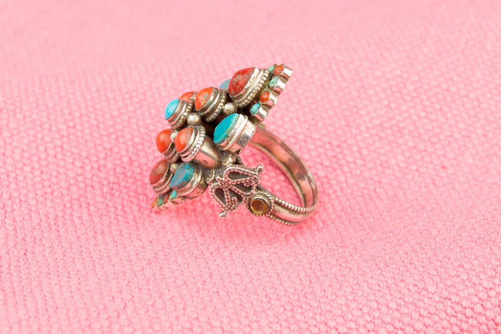 Silver Coral and Turquoise Ring, Tibetan Early 1900s