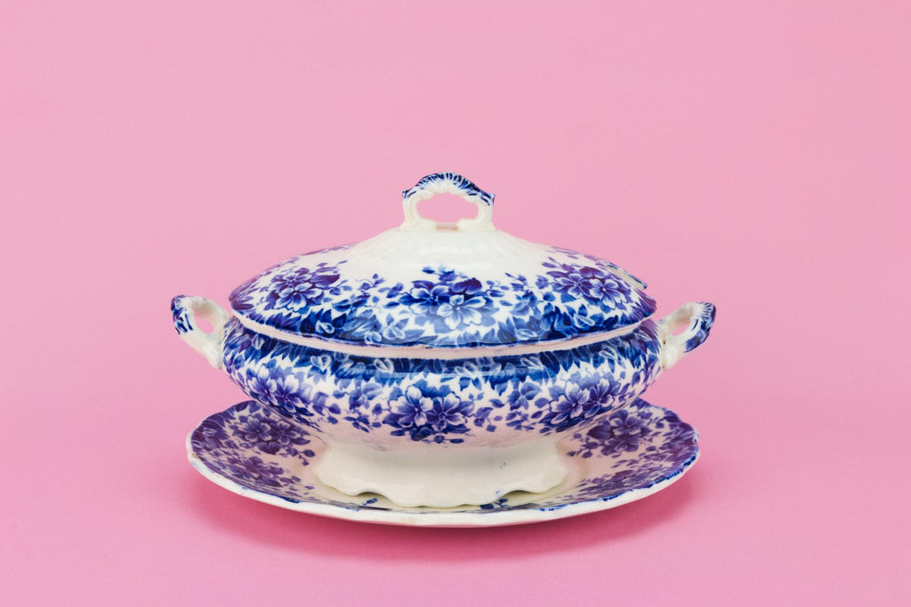 Blue and White Small Serving Bowl on Plate, English Early 1900s