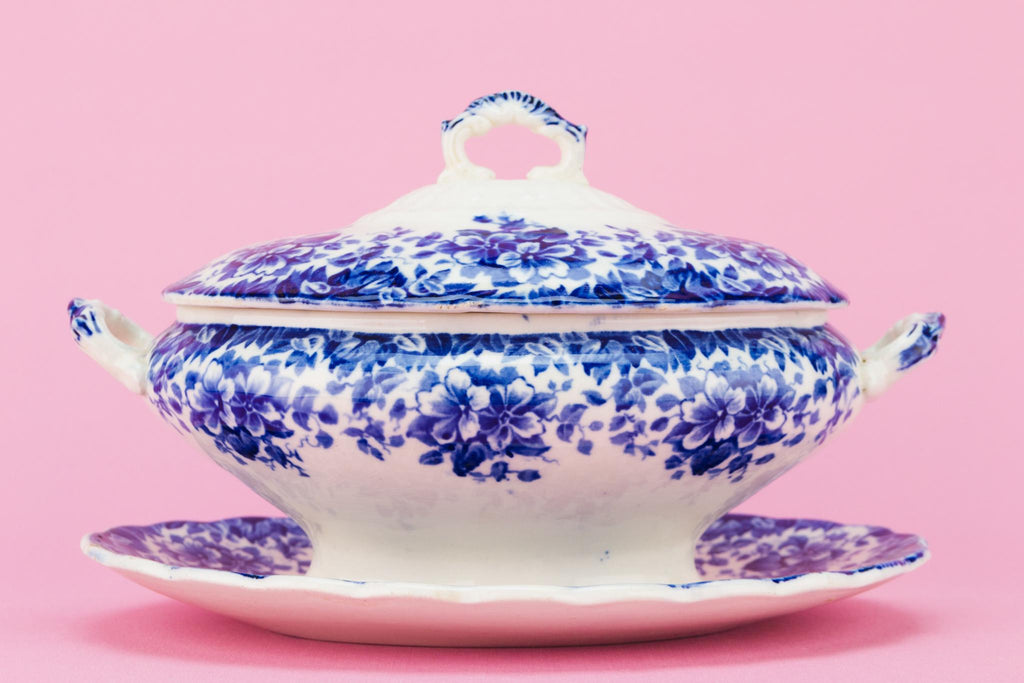 Blue and White Small Serving Bowl on Plate, English Early 1900s