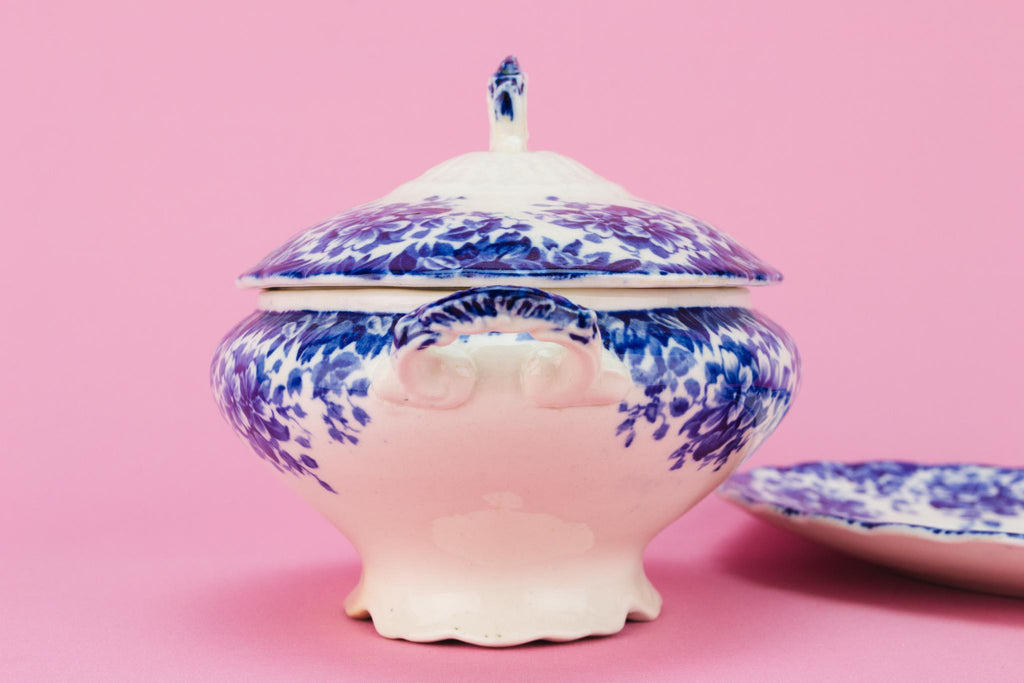 Blue and White Small Serving Bowl on Plate, English Early 1900s