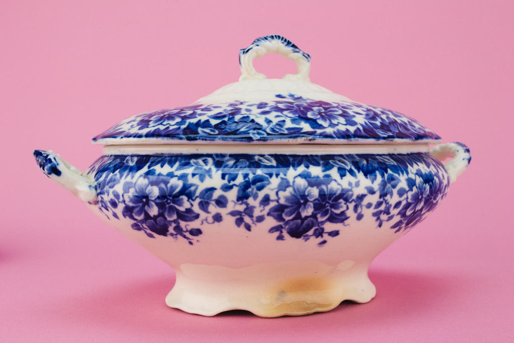 Blue and White Small Serving Bowl on Plate, English Early 1900s