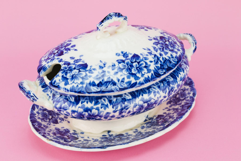 Blue and White Small Serving Bowl on Plate, English Early 1900s