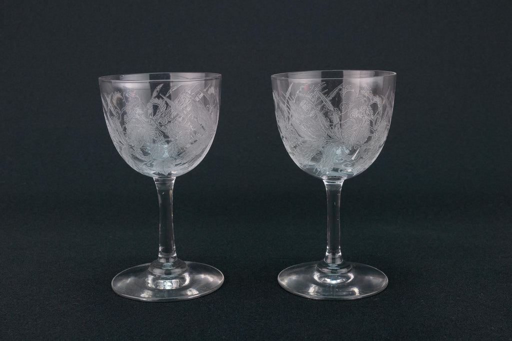 Two Hops Etched Port Glasses, English Early 1900s