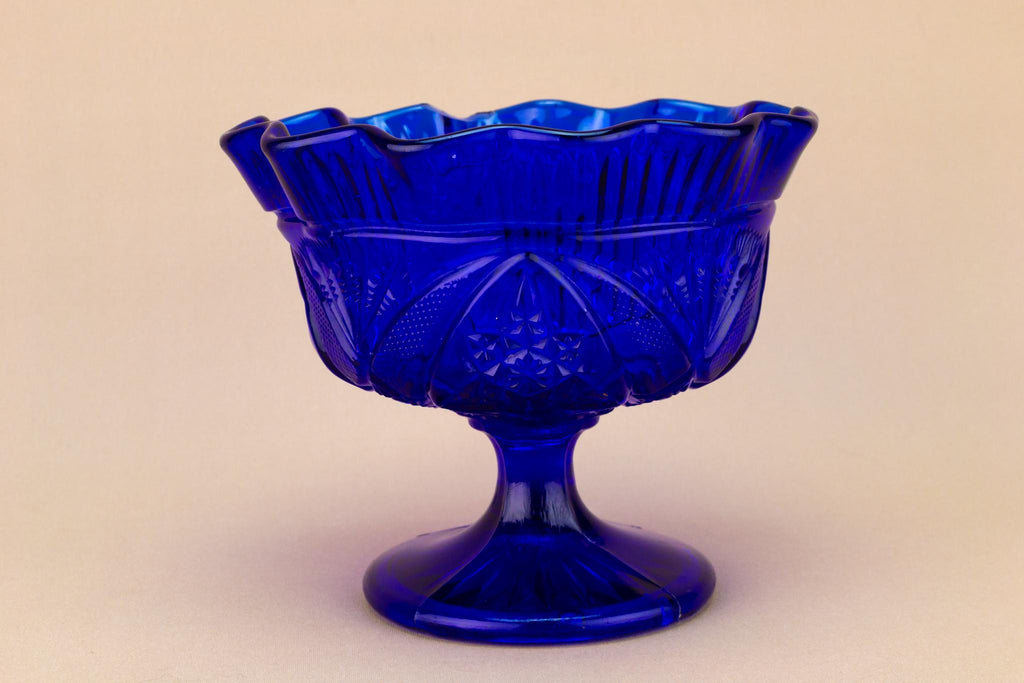Dark Blue Pressed Glass Stem Bowl, English Circa 1900