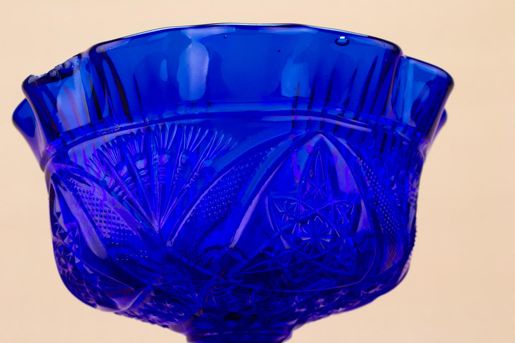 Dark Blue Pressed Glass Stem Bowl, English Circa 1900