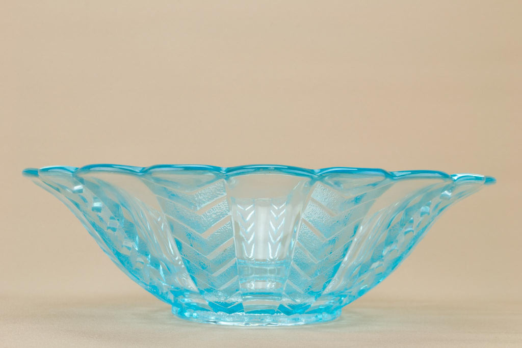 Large Blue Glass Fruit Bowl, English Art Deco Circa 1930