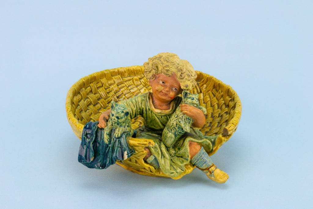 Majolica Bowl Boy Playing With Cats, Austrian Circa 1890