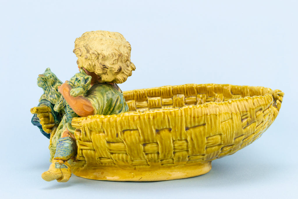 Majolica Bowl Boy Playing With Cats, Austrian Circa 1890