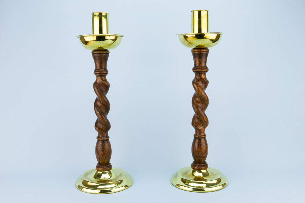 Oak and Brass Tall Candlesticks, English 1930s