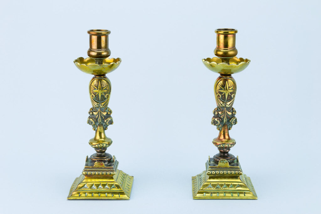 2 Heavy Brass Candlesticks, French Late 19th Century