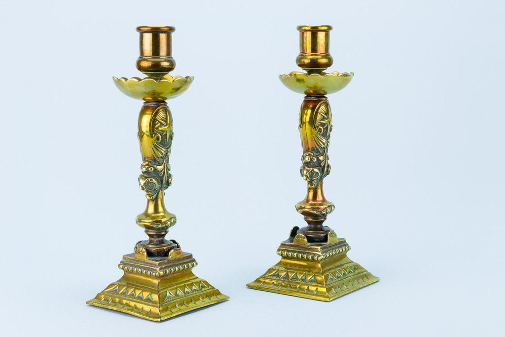 2 Heavy Brass Candlesticks, French Late 19th Century