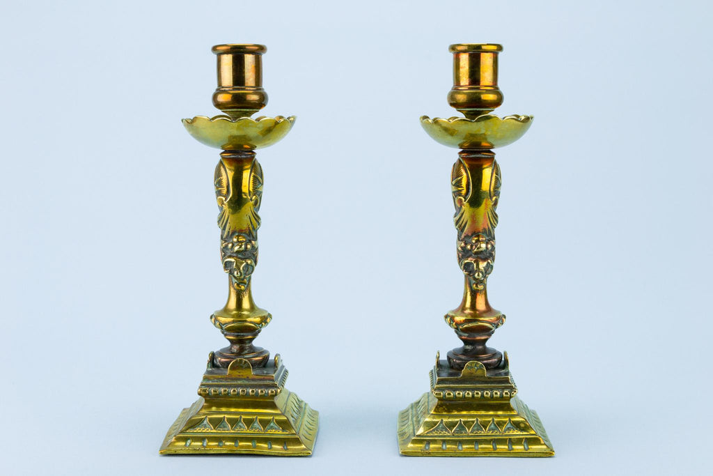 2 Heavy Brass Candlesticks, French Late 19th Century