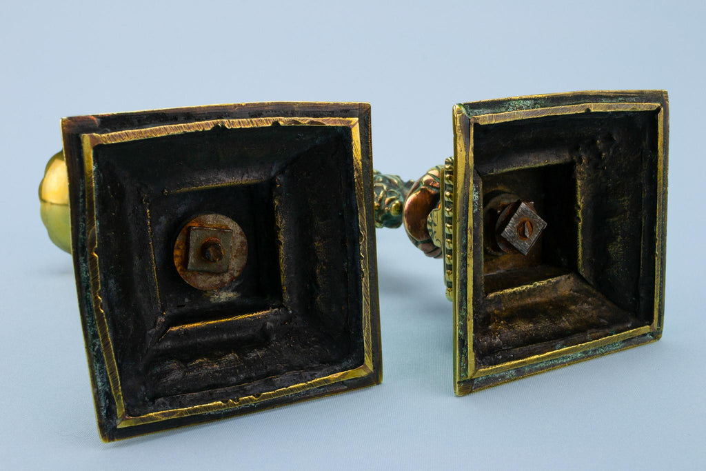 2 Heavy Brass Candlesticks, French Late 19th Century