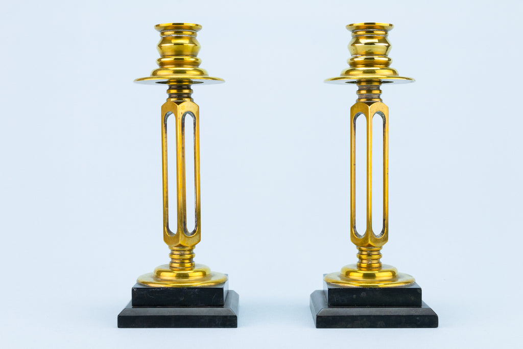 2 Arts & Crafts Brass Candlesticks, English circa 1900