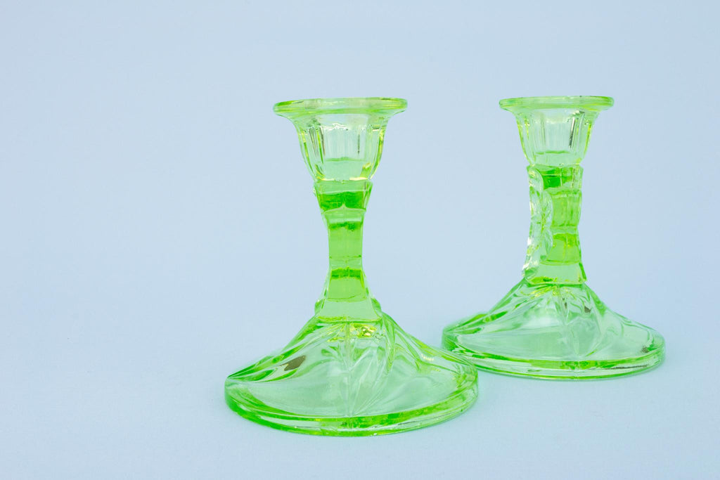 Green Glass Candlesticks, English Art Deco 1920s